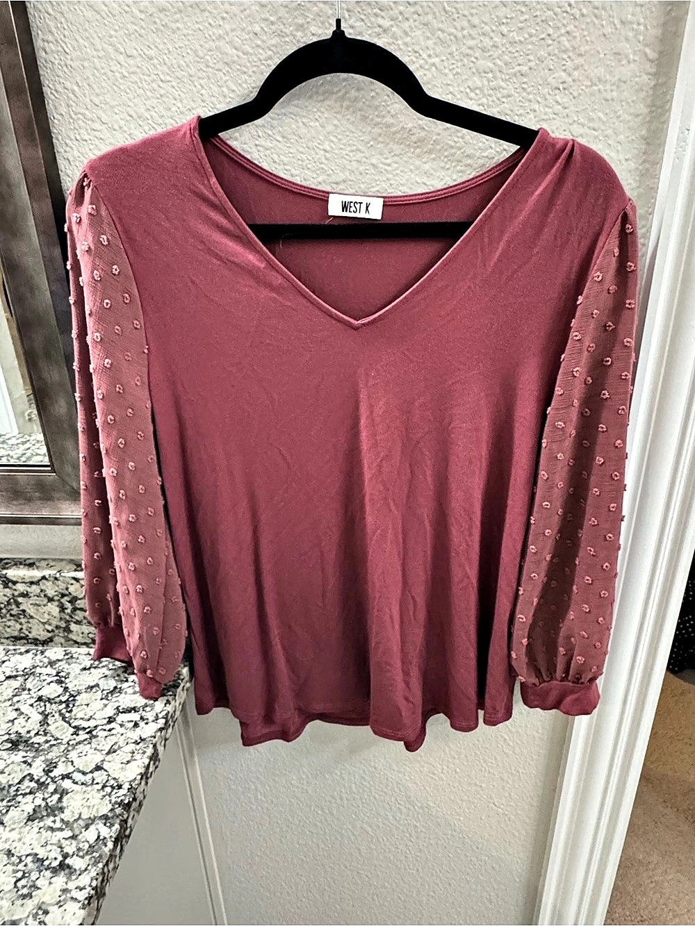 WEST K Mauve Swiss Dot Sheer Sleeve V-Neck Blouse